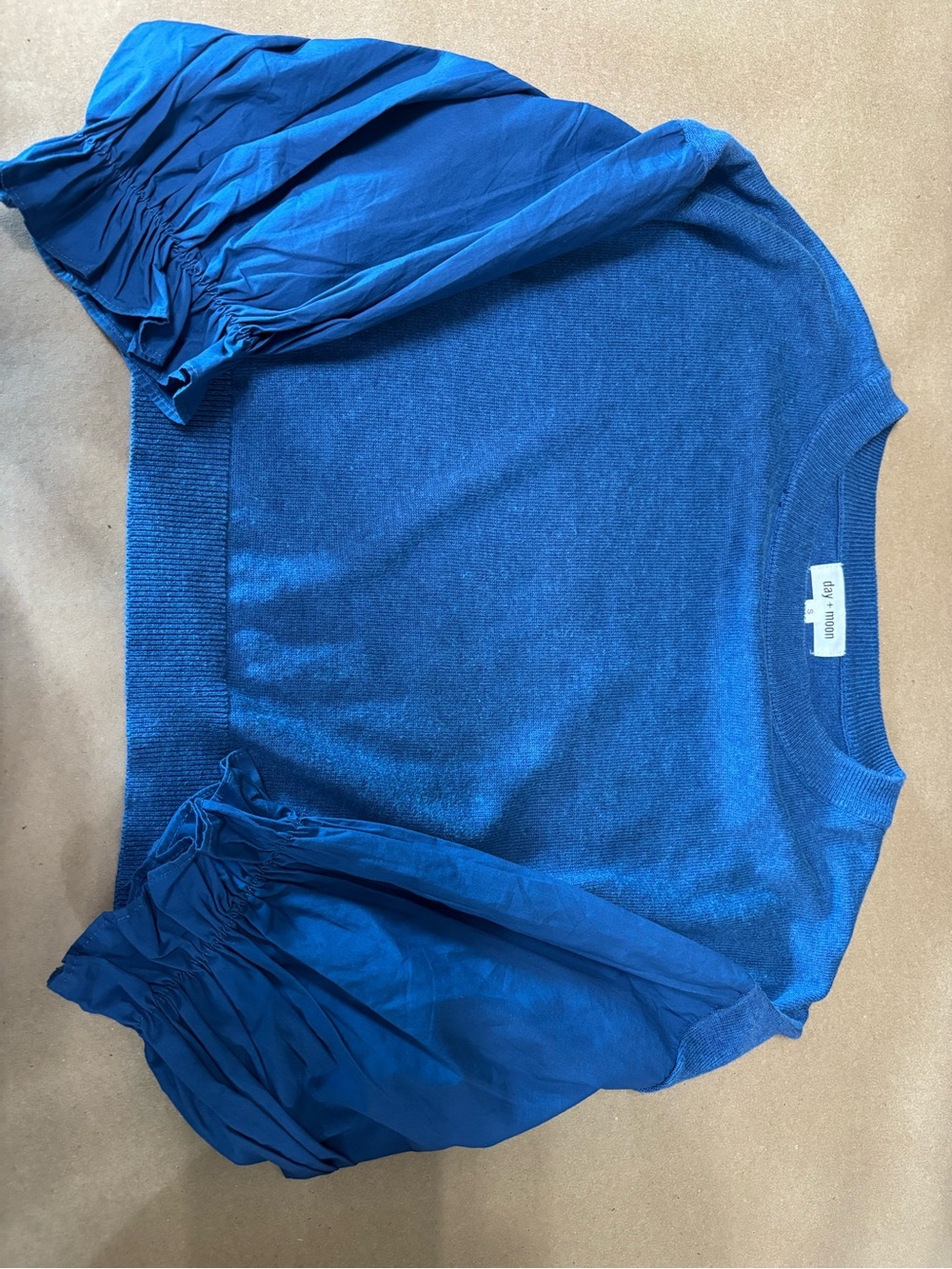 Women's Blue Crewneck Sweater-Puff Sleeves